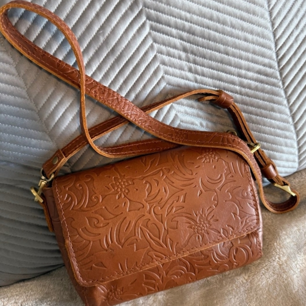 Portland Leather Embossed Brown Crossbody Bag